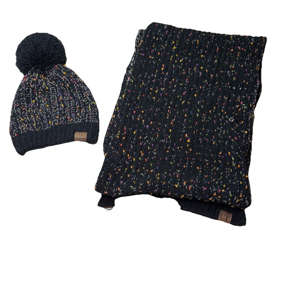 CC Exclusive Wrap Shawl Scarf Long Black Multicolored and Pom Beanie Womens